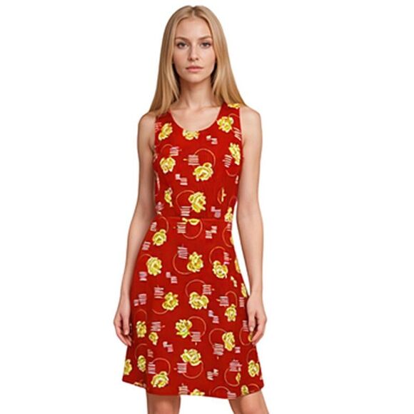 Red Floral 1960's Vintage Sleeveless Fit & Flare Dress Size S/M - Picture 1 of 10